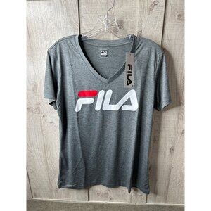 Fila Womens Grey Logo V-Neck T-Shirt Large Polyester Cotton Blend
